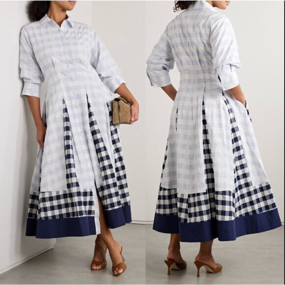 NEW Simkhai Jazz Frayed Paneled Checked Cotton Voile Midi Shirt Dress Size: XS - Picture 7 of 7